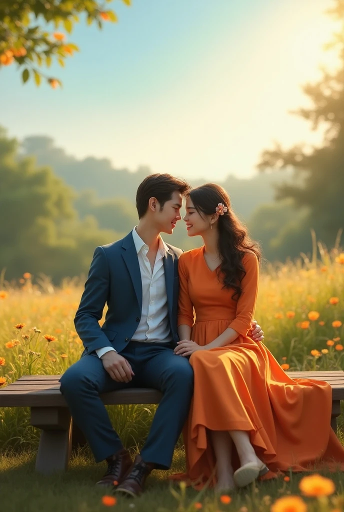 A Taiwanese couple hugging and kissing in the park