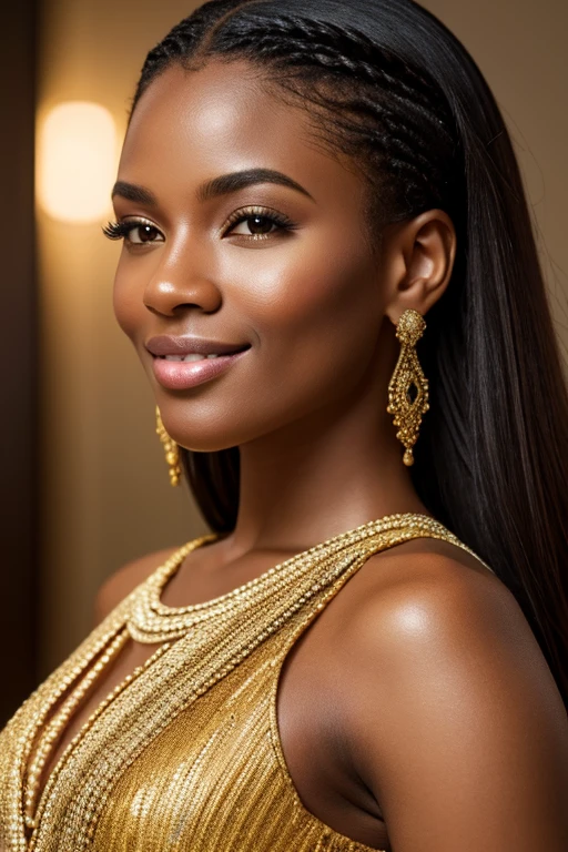 Photo of a Gorgeous ebony woman smiling,(masterpiece),realistic photo,best quality,highly detailed, HDR, 8k, (wallpaper),cinematic lighting,intricate,fashion