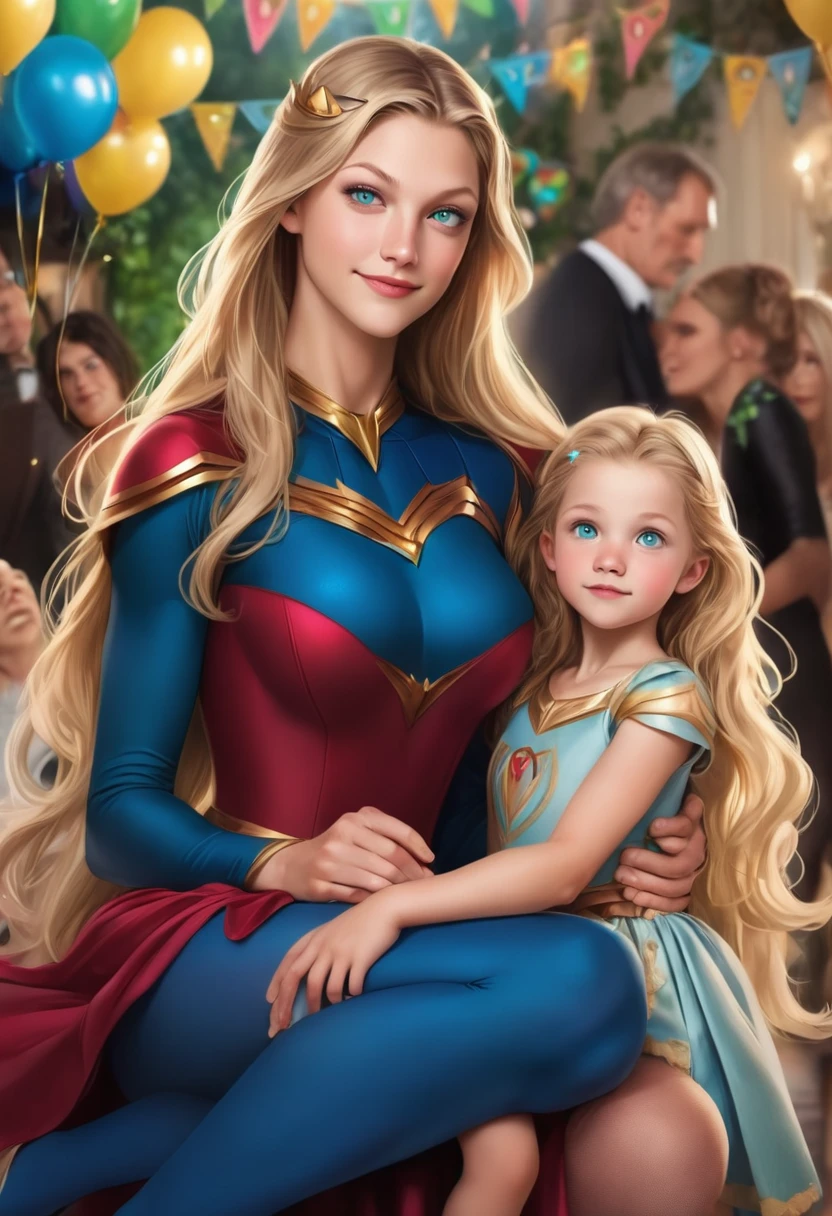 ((Best quality, 8k, Masterpiece :1.3)), supergirl with her baby: 1.3, full body, (long blonde hair, American woman face) ultra-delicate face, delicate eyes, double eyelids, smile, home