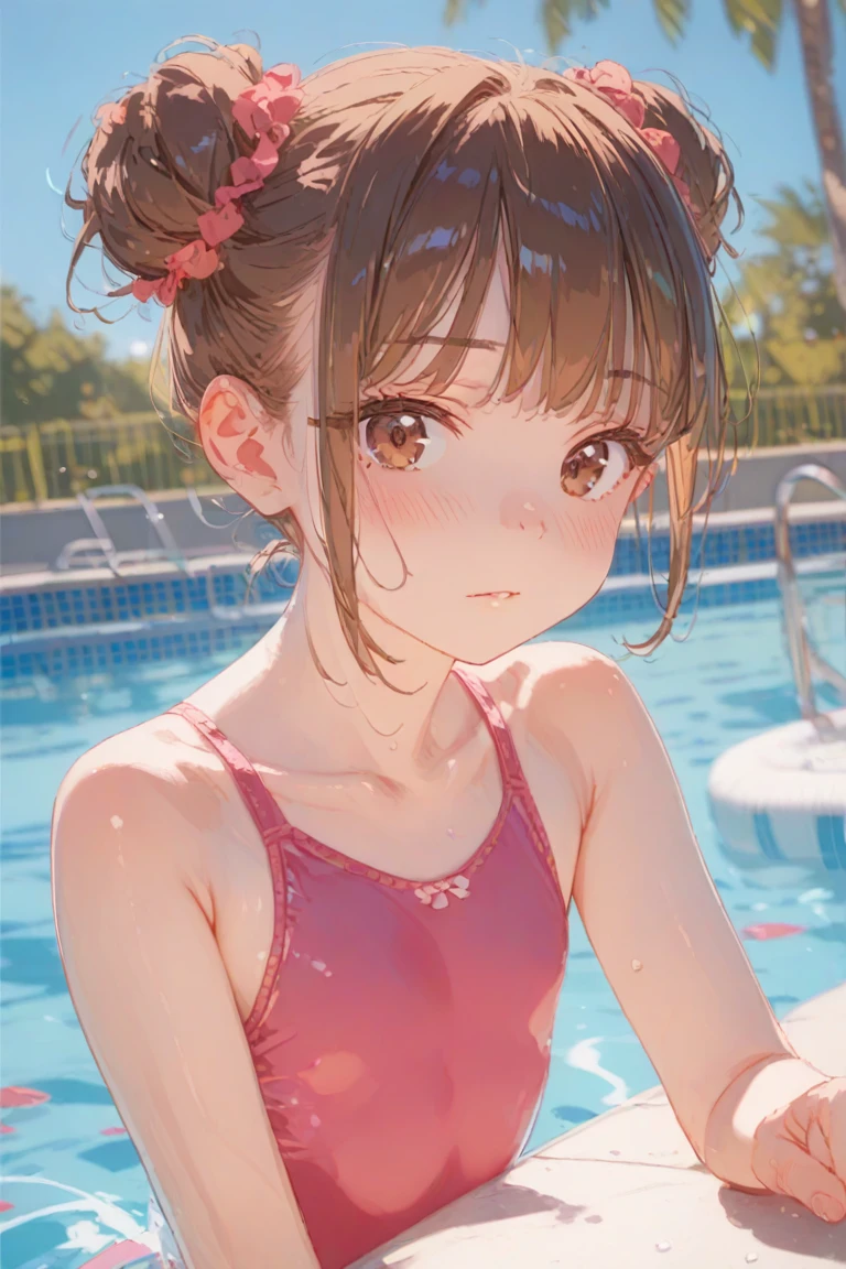 A portrait of 1 beautiful young girl wearing a pink one-piece swimsuit in a pool on a sunny day, she has brown hair tied in buns and brown eyes, she has a flat chest, she is holding the strap of her swimsuit 