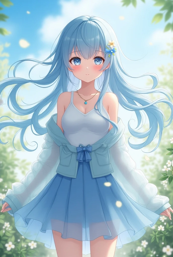 Shoulder-length blue hair、blue eyes、beautiful girl、Smiling、A middle school girl with slanted eyes、A light jumper and shorts、tall、Mid-chest、Park Anime Girl, Enchanting anime girl,One hand on hip anime style, Best anime girl, Small curves, rei hiroe, style, Anime Moe Art Style, Cute anime visuals, Beautiful attractive anime teen,