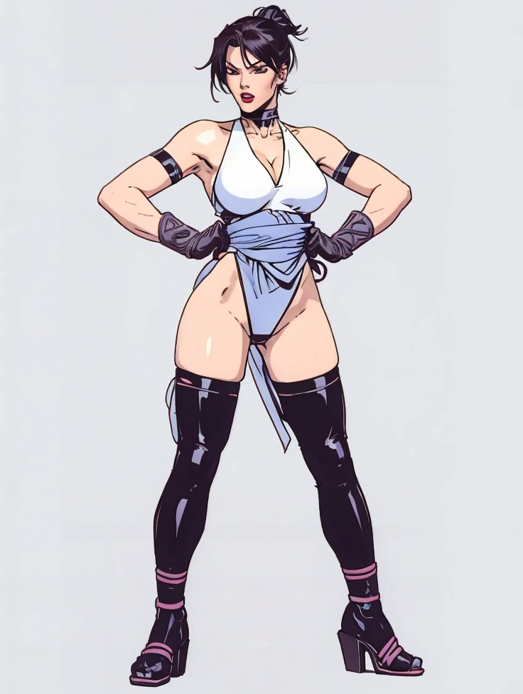 masterpiece,best quality,extreme detail,8k,<lora:iroha:0.8>,irohasnk,1girl,solo,breasts,short hair,large breasts,black hair,cleavage,detached sleeves,japanese clothes,choker,black eyes,maid,maid headdress,sideboob, white background