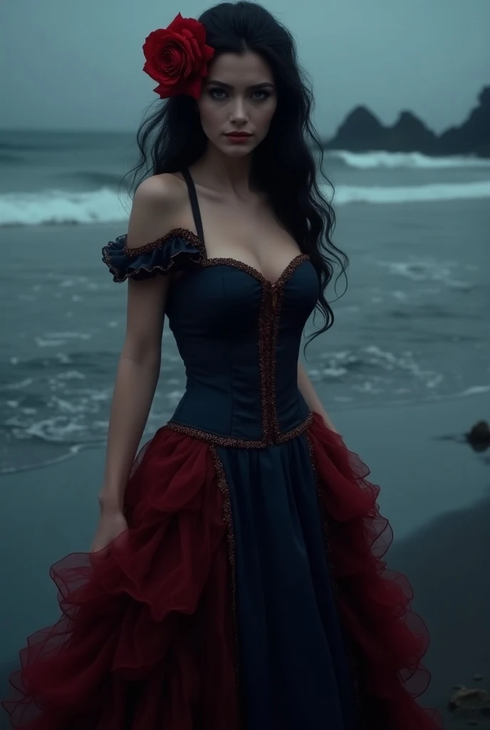 sinister deep shadow photo award-winning best quality masterpiece upper body woman freckled face black hair blown by wind dark eyes strapless dress modern by Jeremy Lipking by Antonio J. Manzanedo by lee jeffries Nikon D850 film stock photography 4 camera kodak portra 400 lens f1.6 rich colors realistic texture hyper realistic dramatic lighting unreal mechanism trend in artstation cinestill 800, lente olho de peixe, estilo kilt, praia ventosa, lago, floresta amazonica