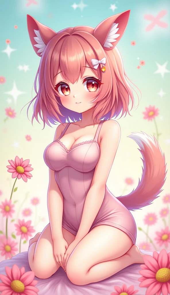 lying , (Desney style:1.2) , hairy bunny Short stature girl , (realistic hairy bunny fur:1.2) , round Mumps face , (tilt face:1.2) , (half-open eyes:1.5) , moist round eyes , Swollen cheeks , Collarbone , Seduction smile , glossy lips , twilight flower garden , (vivid color Flowers covering:1.3) , wearing summer dress