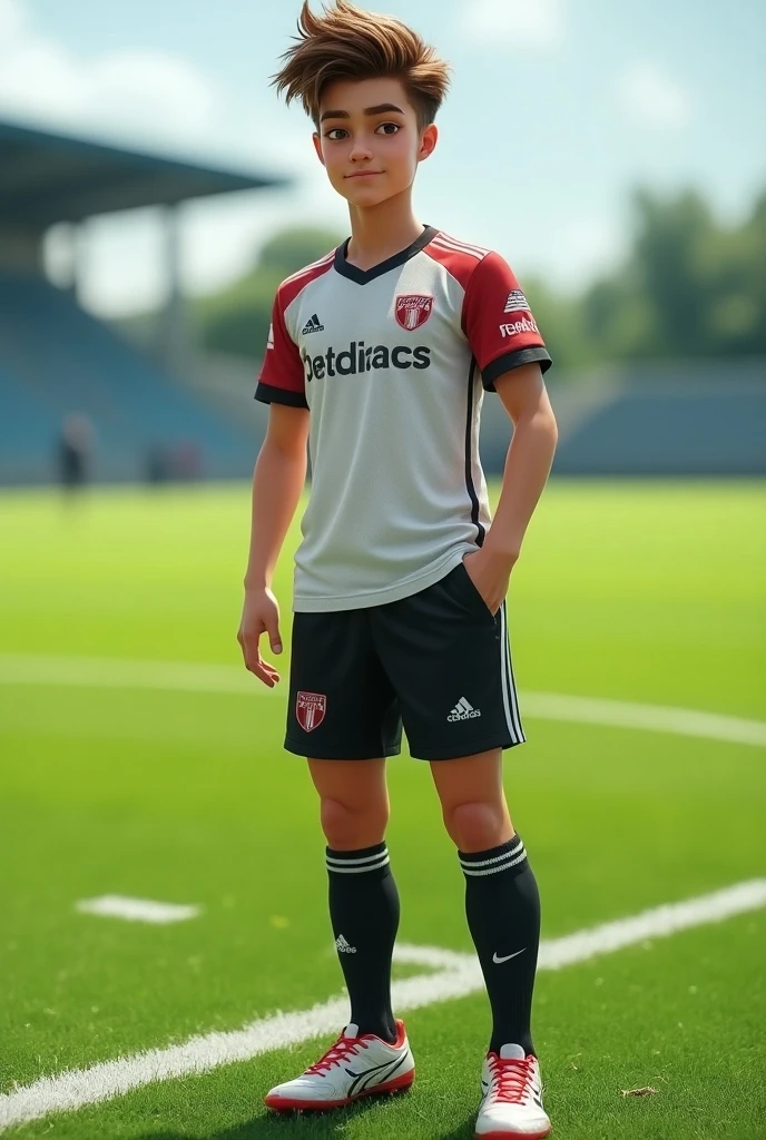 on a soccer field, LukeDesmond, slight smile, wearing uniform of English national soccer team, (red soccer jersey), red soccer shorts, (red socks), ((white sneakers)), (soccer ball), (((full body portrait))), wide angle, (looking at viewer),   <lora:LukeDesmond:0.8>