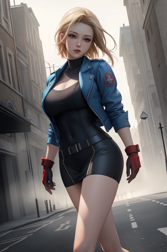 Best Quality, 8k, High resolution, masterpiece:1.5, (ultra detailed), absurdres, ((ultra high res)), cammy white, Beautiful Finger, Beautiful long legs, Beautiful body, Beautiful Nose, Beautiful character, perfect face, a woman with a blue jacket and red gloves, official art, unreal engine, Sexual, town, London, fog, early morning, walk, dynamic angle, photo realistic, official art, unreal engine, town, London, fog, early morning, dynamic angle, face focus, looking at viewer, photo realistic, extremely detailed CG, vibrant colors,