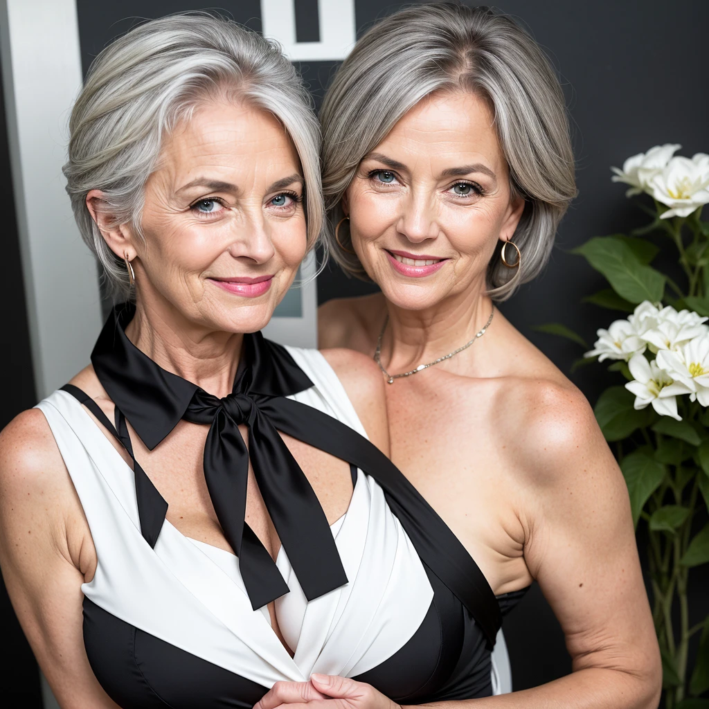 Realistic portrait of a woman, 60 years old. She should have a natural appearance, curvaceous forms, blue eyes, gray hair, smile. Shoot this image in high resolution with a 35mm lens to get a good perspective.” black wall background. A woman aged around 55-60, with soft wrinkles and signs of aging gently showing on her face. Her hair has started turning gray but still looks full. She has a wise look in her eyes, black a warm, gentle smile. She’s wearing white floral patterned tie tube collared Shirt, mini cleavage. Standing Pose In the rooftop café, a lot of peoples many candle night. appearing to be relishing a peaceful moment. Curvaceous forms fat body