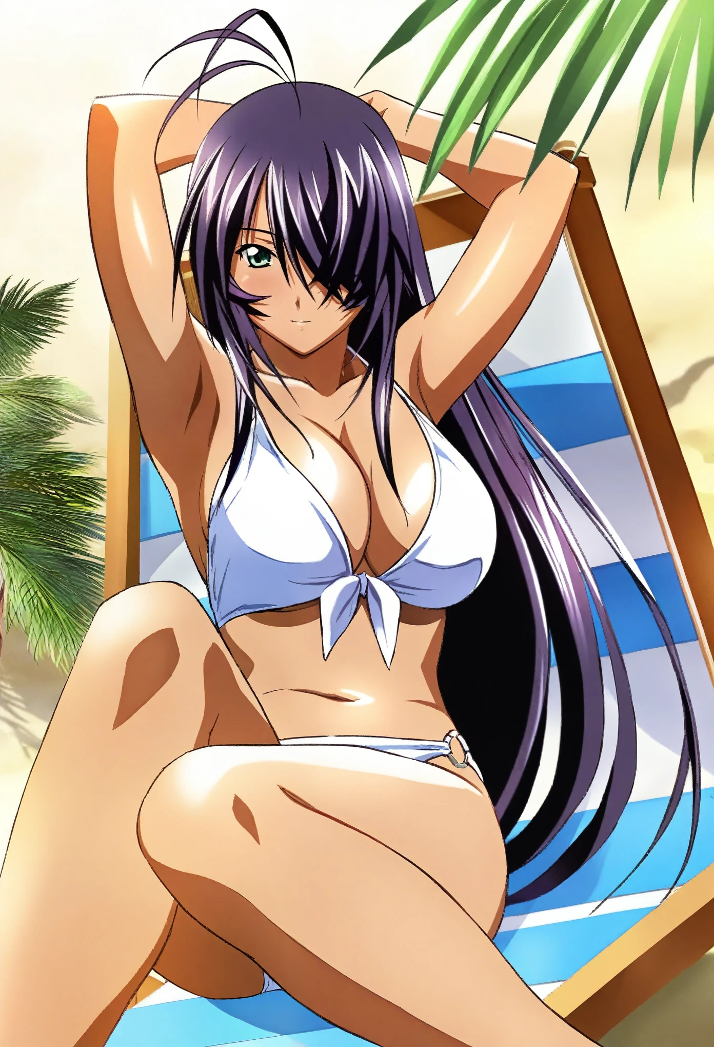 masterpiece, best quality, 1girl, looking at viewer, ultra detailed, <lora:add_detail:0.5>, <lora:Saika_FW:1> , blue hair, blue eyes, long hair, detached collar, white bikini, lipstick, beach, sand, palm trees