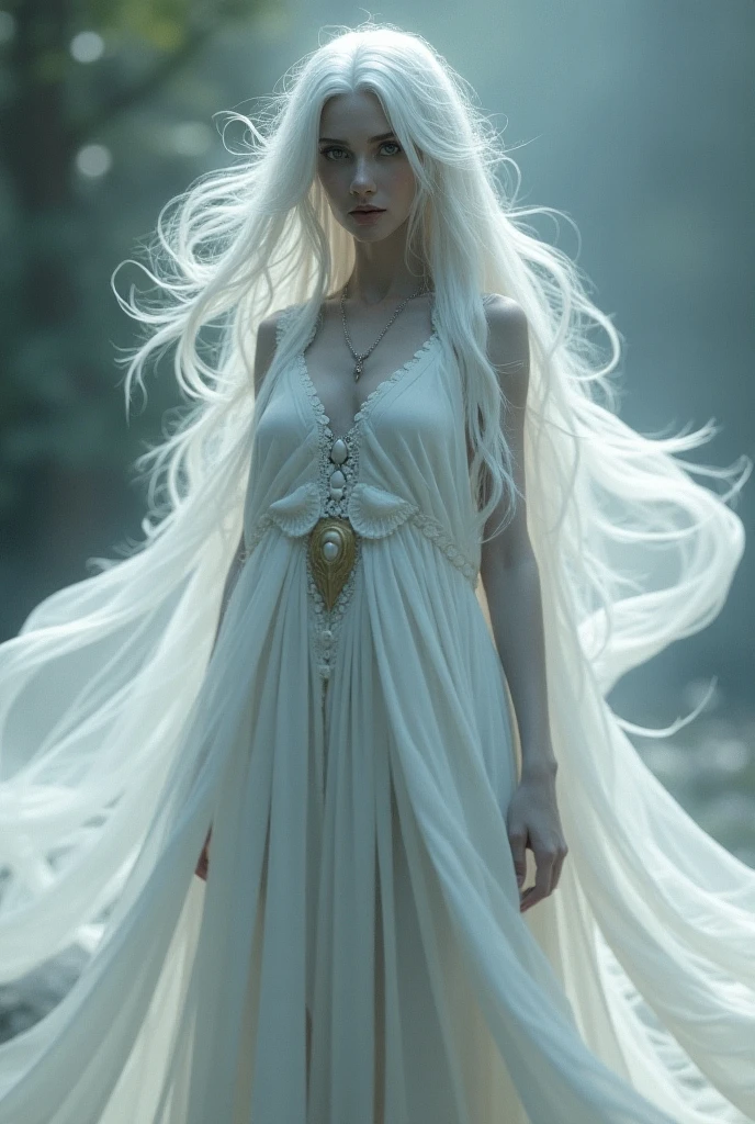 A hauntingly beautiful, ethereal white witch stands nude in the heart of an ancient forest, her ghostly form blending seamlessly with the misty, moonlit surroundings. Her pale, almost translucent skin glows softly under the faint light filtering through the dense canopy of trees, creating an otherworldly aura around her.
She is mesmerizingly beautiful, with long, flowing white hair cascading down her back like a silken waterfall, adding to her spectral allure. Her eyes, a piercing shade of icy blue, radiate both wisdom and an eerie, captivating power, reflecting the mysterious nature of her existence.
The contours of her slender, graceful body are perfectly defined, with every curve and detail accentuated by the interplay of light and shadow in the dim forest. The scene is alive with the quiet whispers of the wind and the rustling of leaves, enhancing the witch's connection to the natural world.
The forest itself seems enchanted, with ancient trees and creeping vines framing the witch, their dark forms contrasting with her radiant, ghostly presence. The soft, ethereal glow that surrounds her adds to the sense of mystique, making her appear both delicate and immensely powerful.
Captured in a full-body view, the witch's presence is both serene and awe-inspiring, embodying the perfect blend of beauty, mystery, and supernatural elegance."