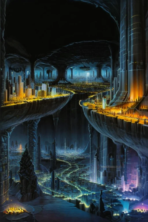 Abstract art, ( Surrealism ) a Surreal scene an underworld, underground, Underworld city, below ground. Underground city, Wide shot