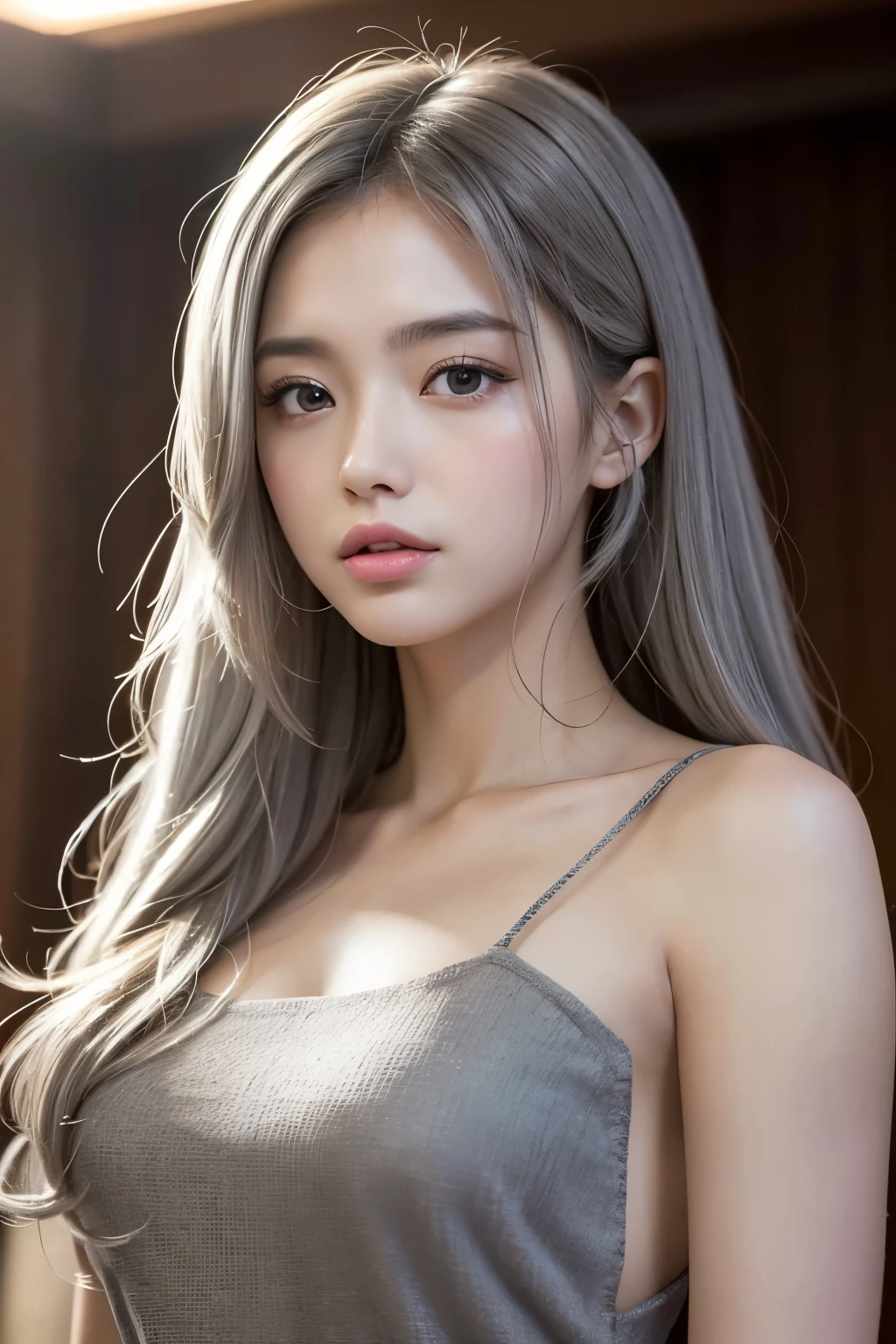 tmasterpiece, Best picture quality, high high quality, Beutiful women, jpn, Popular Korean makeup, A detailed, Swollen eyes, Detailed eyes, Detailed skins, Beautiful skins, 超A high resolution, (Realistis: 1.4), is very beautiful, Slightly younger face, Beautiful skins, Slim, (Ultra photo realsisim), (illustratio), (A high resolution), (8K), (The is very detailed) (Most Best Illustration), (Beautiful detailed eyes), (ultra-detailliert), (the wallpaper), (A detailed的脸), looking at viewert, finely detailled, A detailed的脸,pureerosfaceace_V1,ssmile,Staring straight ahead,Staring straight ahead,From the angle of waist up,photograph of-realistic,Bright lights,profesional lighting,Silver hair,long whitr hair,Dark ruins,shift dresses,Mature woman,Long, stylish bangs,