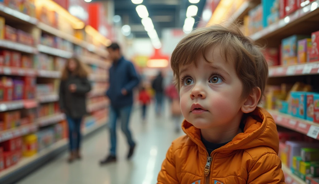 create an image of child crying but parents refuse to buy sweets for him
