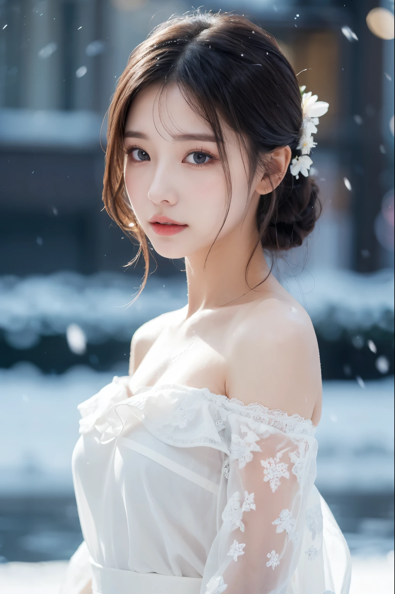 1girll,(Snow,Ice), snowflower, In winter, White hair, Shiny hair, Wavy hair, Transparent clothes, frilld, Lace, Wet clothes, Off_Shoulder, hair scrunchie,Masterpiece, Telephoto lens, absurderes, Exquisite facial features