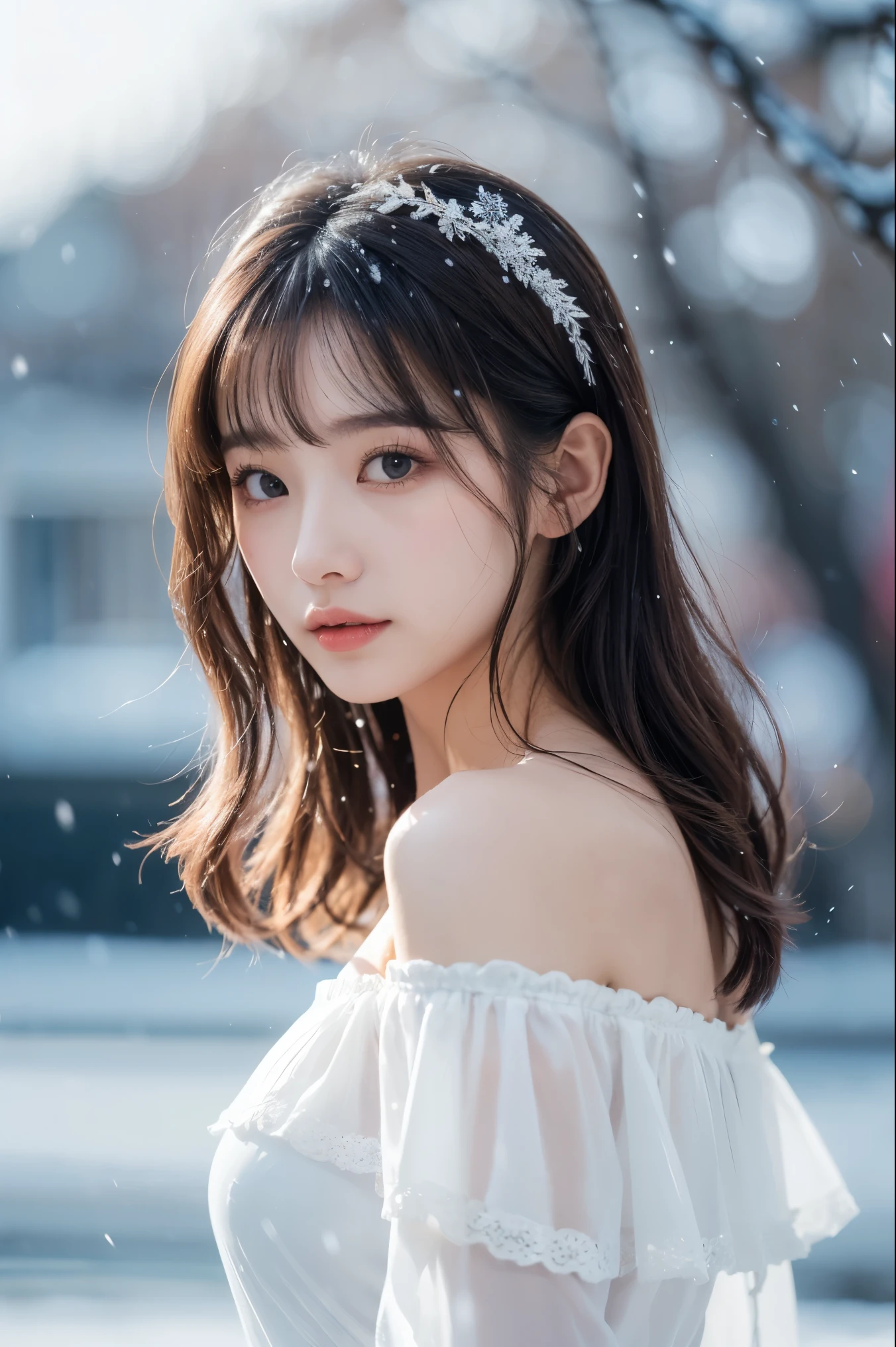 1girll,(Snow,Ice), snowflower, In winter, White hair, Shiny hair, Wavy hair, Transparent clothes, frilld, Lace, Wet clothes, Off_Shoulder, hair scrunchie,Masterpiece, Telephoto lens, absurderes, Exquisite facial features