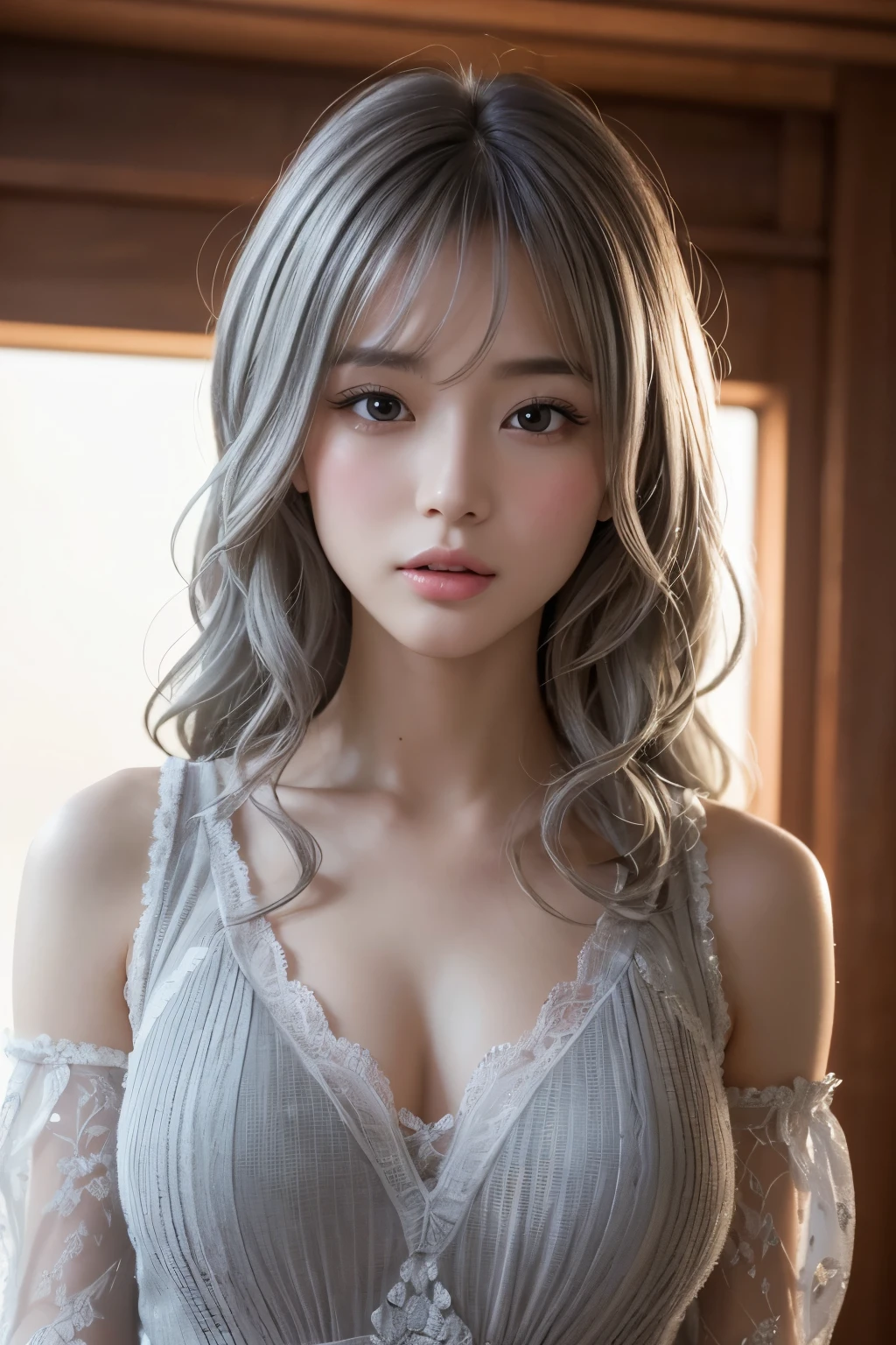 beautiful japanese girl, 16 years old, Western-style interior, lit by the fire in the fireplace, High resolution, 4K, (shiny white hair:1.5), Super Long Straight Silk Hair, asymmetrical bangs, thin eyebrows, big magic eyes, Detailed red eyes, Smooth, white skin, bright makeup, Bright interior, A fleeting expression, Black lace underwear, Detailed and perfect clavicle, High resolutionの美しい胸元, High resolutionの美しい太もも, flowing gray hair,red eyes,white skin,Gothic Girl,gothic fantasy art, dark moody lighting,moonlight, light shines,Mysterious,professional lighting, professional photographer