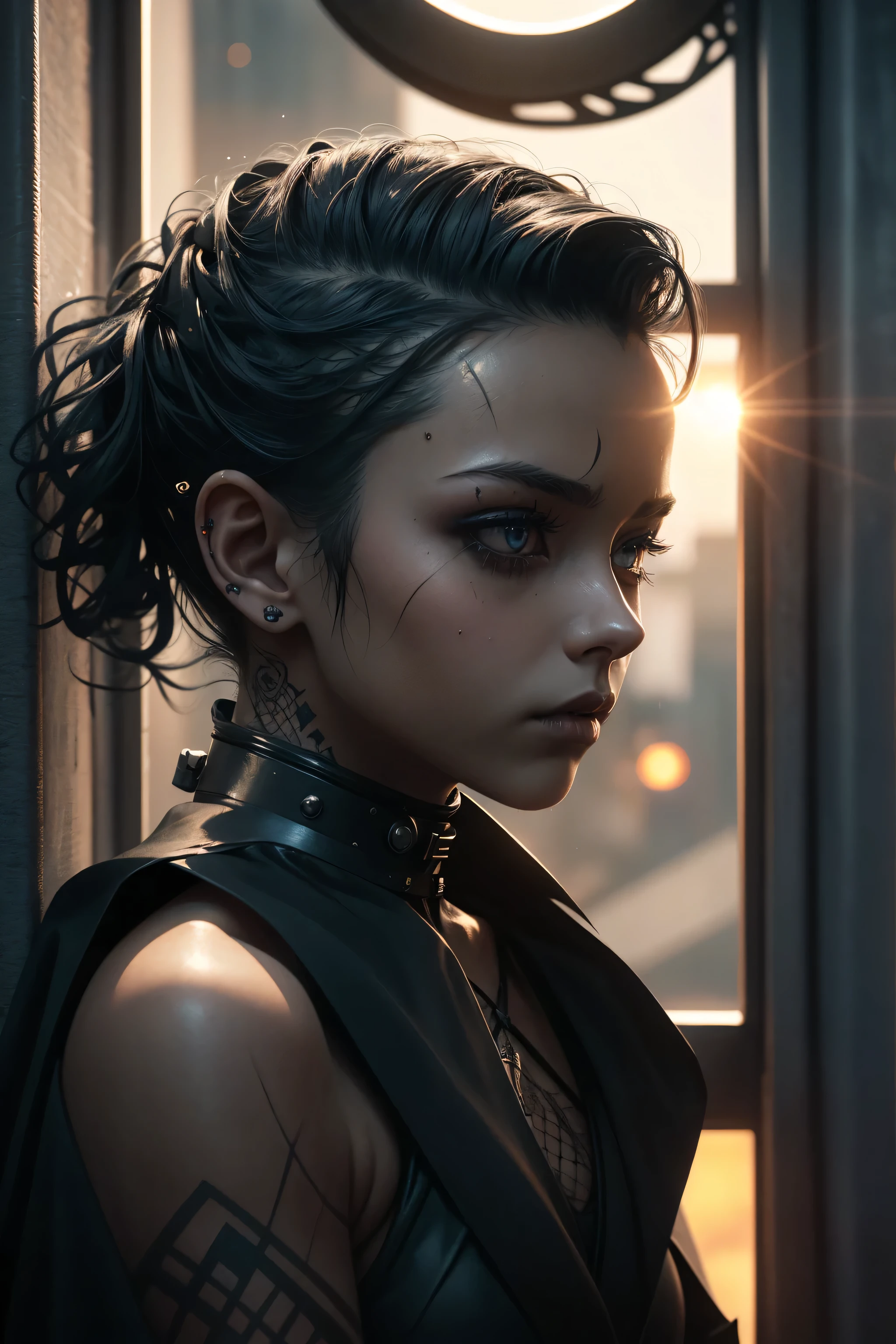 ultra realistic, sydney sweeney, future soldier, killer, murderer, evil, badass, High Detail, Ultra Detail, 8K, Ultra High Resolution. bare skin, bare shoulders, bare stomach, bare legs, bare arms. naked, nude, glistening sweat covered skin. bondage straps,
cute girl, yo, black hair, very short hair, soaking wet hair, hair slicked back. blue eyes, tattoos. military uniform, future soldier, heavy metallic armour. leaning back against a wall. gothic makeup. thick dark eyeliner, dark mascara, bold thick black lipstick, gothic, cape, nose piercing, shaved side of head.
defeated in battle, captured, prisoner, bound, chin down, eyes looking up at viewer.
standing in front of a full length window with spectacular future city, dramatic sunset, lens flare.
dark atmosphere, deep shadows, dark room, creepy.
(masterpiece), the best quality, expressive eyes, perfect face, Star Trek style. sexy lingerie, metal, leather, lace and fishnet, cutout, brushed metal, black and orange accent colours.
low key light from side, orange neon accent lights, casting an orange glow. high saturation, high contrast, strong dark vignette.
defeated expression, sad, dejected, worried, dramatic image, dramatic lights, lens flare from behind
Beauty, cleavage, curvy. shot from a low angle looking up.