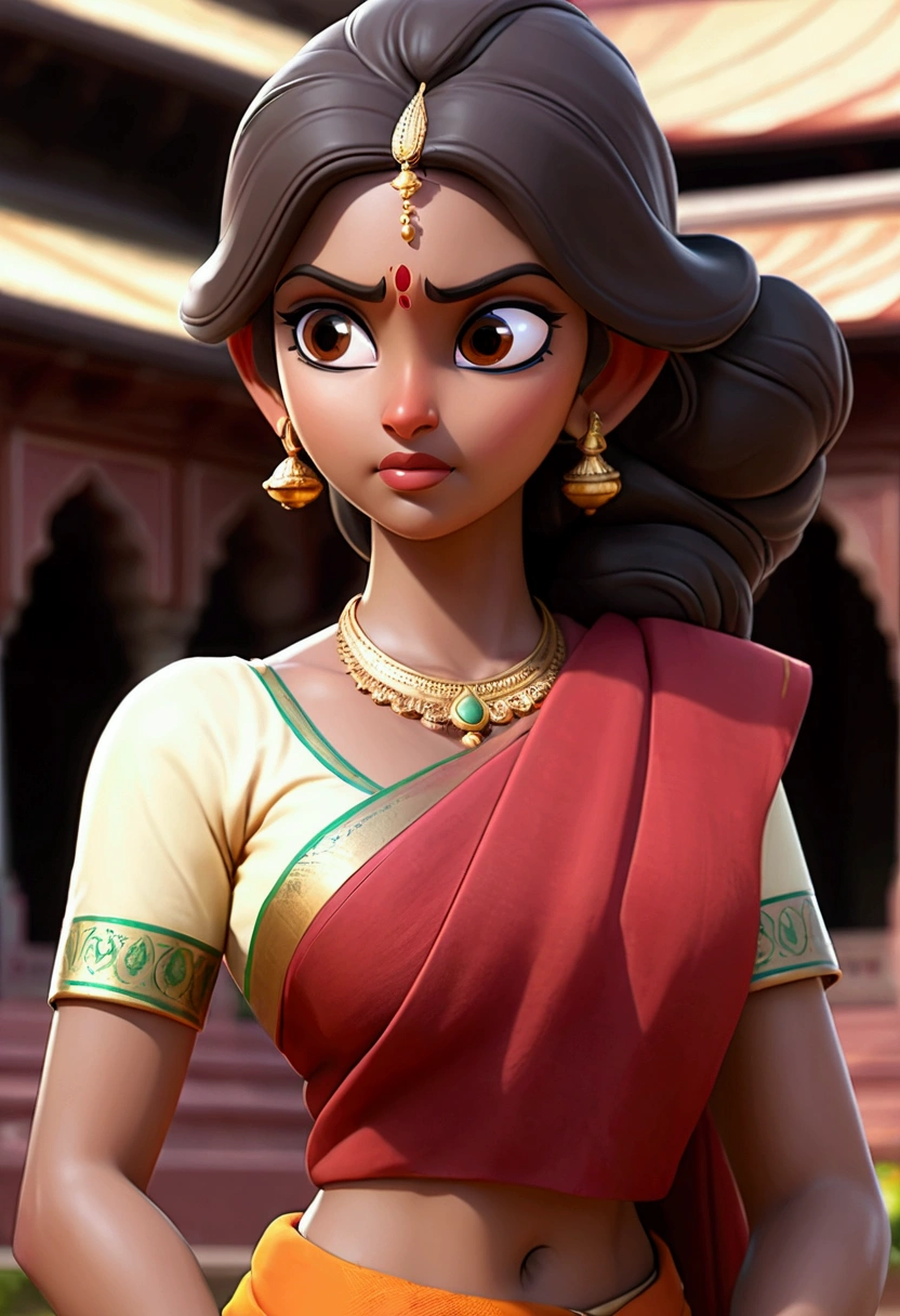 A beautiful Indian aunty in hentai style looking sexy in front of mandir not wearing a blouse and wearing a sari with big boobs and long hairs im