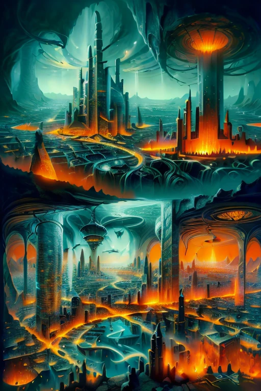 Abstract art, ( Surrealism ) a Surreal scene an underworld, underground, Underworld city, below ground. Underground city, Wide shot