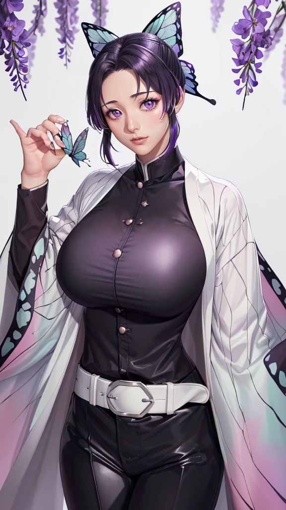 (（（figure，御姐figure,White and tender skin,（（haori, wide sleeves, long sleeves, black pants, black jacket, belt，）））,(（（kochou shinobu, butterfly hair ornament, purple eyes, multicolored hair, short hair, parted bangs, ））),,((masterpiece)),highres,((Best quality at best)),masterpiece,quality,Best quality,(（（  exquisite facial features , for the audience ,））），Huge breasts，）））