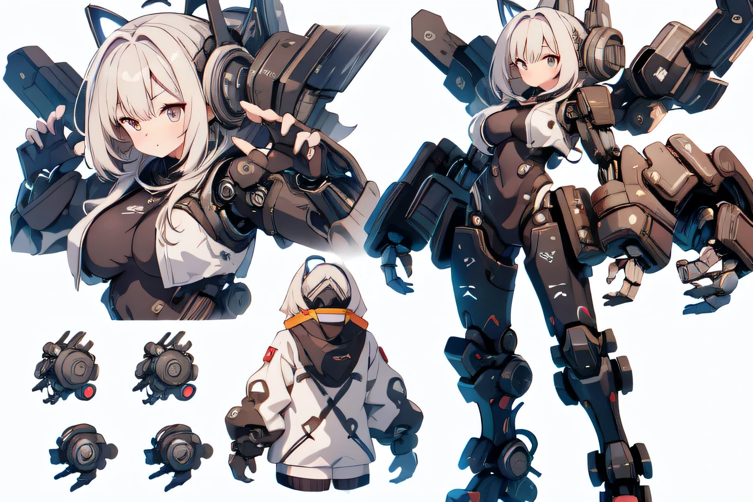 reference sheet, character design, absurdres, highres, ultra detailed, (cute,kawaii:1.2),
(1girl:1.4),oversized hooded jacket, bodysuit, cyborg girl,
hyper gigantic mechanical arms,dynamic pose, 
nice hands, perfect hands, simple background, white background, 