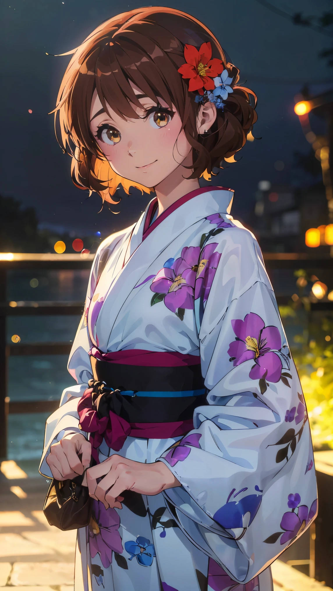 (最High image quality, 8k, High image quality, high detail,masterpiece:1.2)、kumiko oumae,Eye light、 face light 、  sparkling eyes、Alone、1 girl、 viewers、anime、animeカラーリング、(from the front:1.3)、( Perfect Anatomy)、(Looking at the viewer、 focus on the face)、Sparkling Eyes、(from the front:1.3)、( viewers、Blur the background:1.3)、animeカラーリング(Blur the background:1.3)、Before the topic、(( The image placed in the center )),((Glowing Skin,smile))、 (((masterpiece))), ((top-quality)), (( complicated details)),  perfect eyes, Captivating Eyes,(Alone、1 girl)、anime、animeカラーリング、 viewers、Subject in front、Detailed skin、((1 small Japanese style drawstring bag、simple flower hair ornament)),(The,yuTheta,japanese clothes,Heart, sash, floral print, Heartjime,),（魅力的なsmile)、(Watch the fireworks display,Lots of fireworks, dreamy happy atmosphere dramatic lighting),