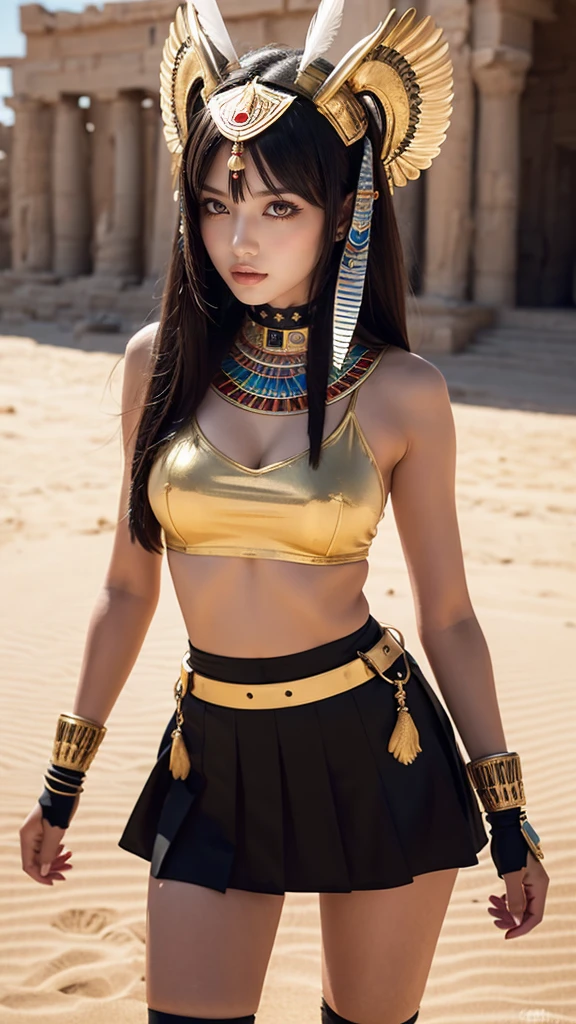 (8k, best quality, masterpiece:1.2), (realistic, photo-realistic:1.37), ultra-detailed,best quality, ultra high res, professional lighting, photon mapping, radiosity, physically-based rendering, cinematic lighting, dessert settings, sun scorched arid wasteland,depth of field, sharp focus,sunbeam, good composition,(bokeh:1.2) 1girl,solo,(full body), (closed mouth), detailed eyes, pose, narrow waist, egyptian costume, Egyptian head ornament, black hair,messy hair,long hair floating in wind,(ulzzang-6500:1.2)