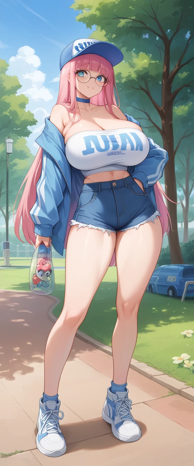 (super detailed, realistic, 8k) one person, Super Sonico  at a boba tea shop, drinking a boba tea, wearing white flat bill cap, white cropped hoodie, black latex leggings , 19 years old, large breasts, triple D cup breasts, round buttocks, bubbly buttocks, wide hips, bubbly ass , blue eyes, pink hair, blue highlights, under boob