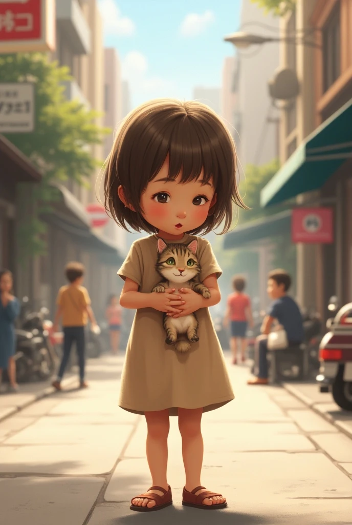 A very charming little girl with a backpack sitting holding her cute kitten, on the roof, facing the audience with the sunset behind and two fighting puppies in front. The illustration is a high-definition illustration in 4K resolution with highly detailed facial features and cartoon-style visuals