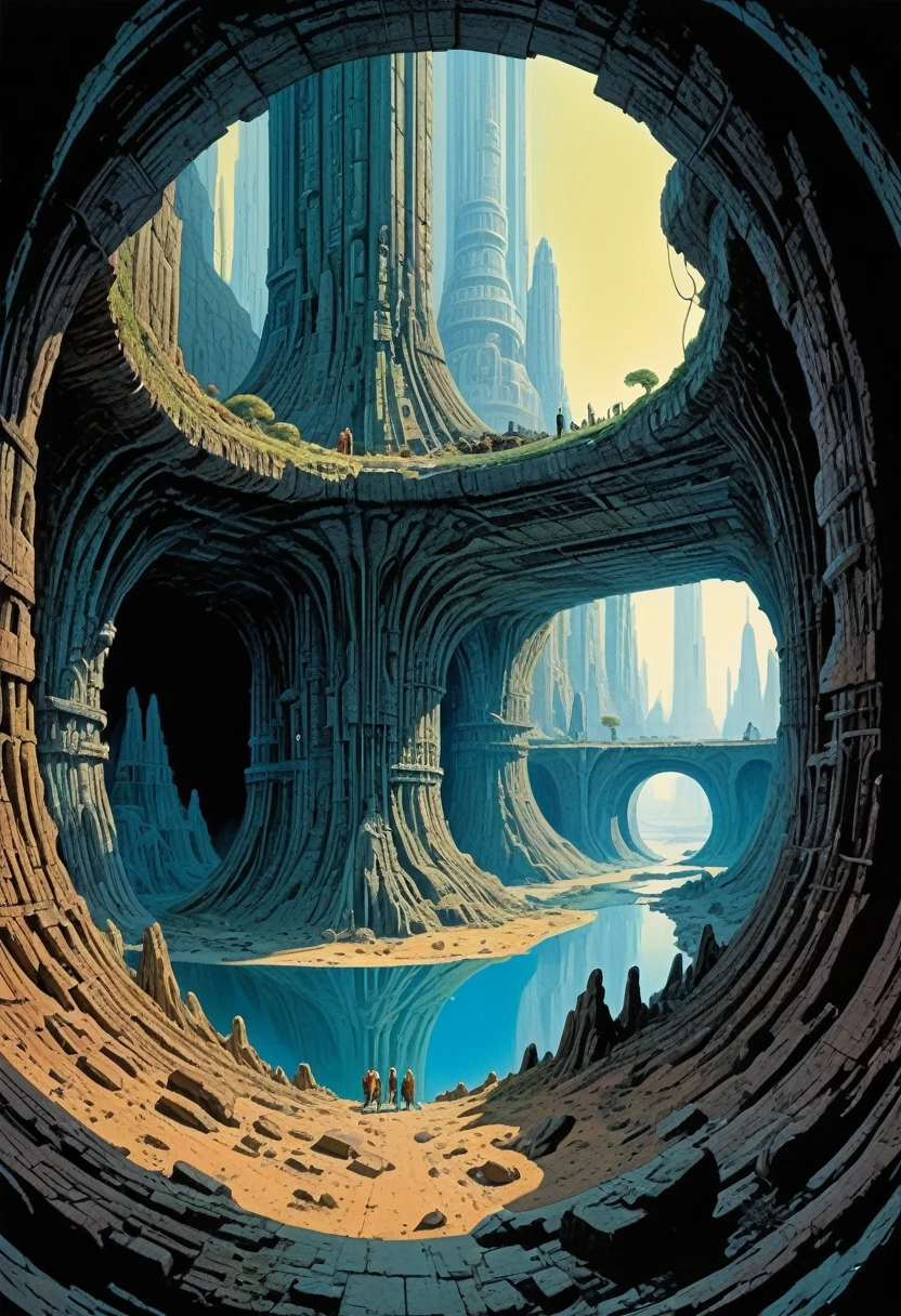 Underground world, wide angle, panorama view, by Angus McKie.
best quality, masterpiece, intricate details, ultra-detailed