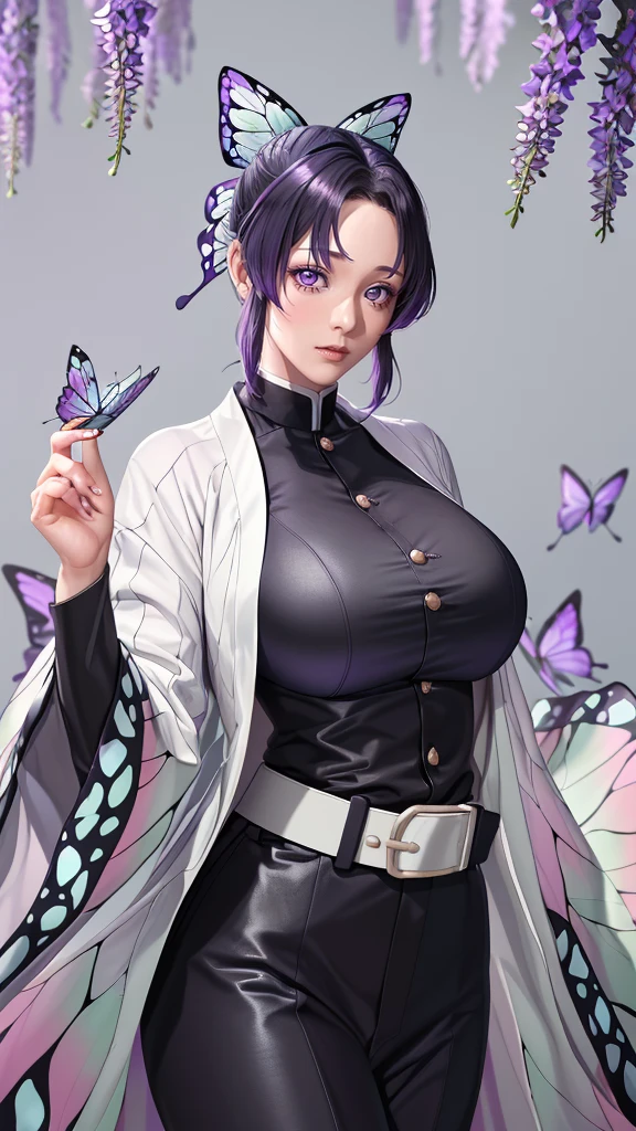 (（（figure，御姐figure,White and tender skin,（（haori, wide sleeves, long sleeves, black pants, black jacket, belt，）））,(（（kochou shinobu, butterfly hair ornament, purple eyes, multicolored hair, short hair, parted bangs, ））),,((masterpiece)),highres,((Best quality at best)),masterpiece,quality,Best quality,(（（  exquisite facial features , for the audience ,））），Huge breasts，）））