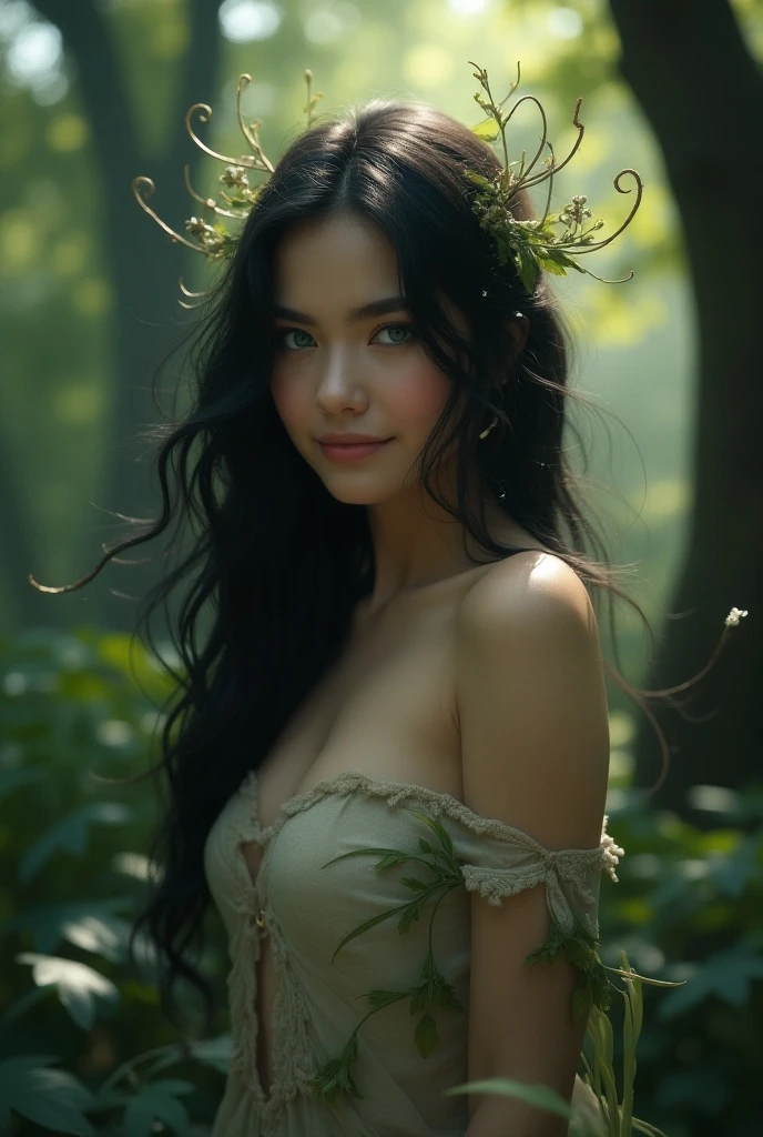 of the finest quality, masterpiece, Ultra High Resolution, (Photorealistic: 1.4), Unprocessed image, Raven hair, Lustrous complexion, 1 Nature Nymph, (incredibly lifelike features)), Full form, Natural Illumination, Contrast-rich, shadowy, Sunlight Rendering, 8K, razor-sharp, Revealed cleavage, Unadorned skin, Stone, Detailed leafy embellishments, Nature-inspired details, intricately designed, Realistic sunlight, Trends in Natural Art, Facing the sun, Bioluminescent details, Organic limbs, Sap vessels connected to vines, Natural spine fused to the trunk, Organic neck attachment to the stem, Vines and roots intertwining at the crown, Firefly lights, Silver tendrils, Perfectly round seedlings, Towering petals, joyful smile, summer attire, maiden, dynamic, sexy pose, summer dress, small breasts, vibrant, in bed, upper body naked