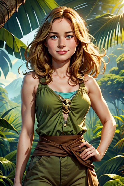 Smiling cheerful Brie Larson's Mason Weaver from Kong: Skull Island with very long down loose hair down to her hips and blue eyes in the sunny tropical jungle 