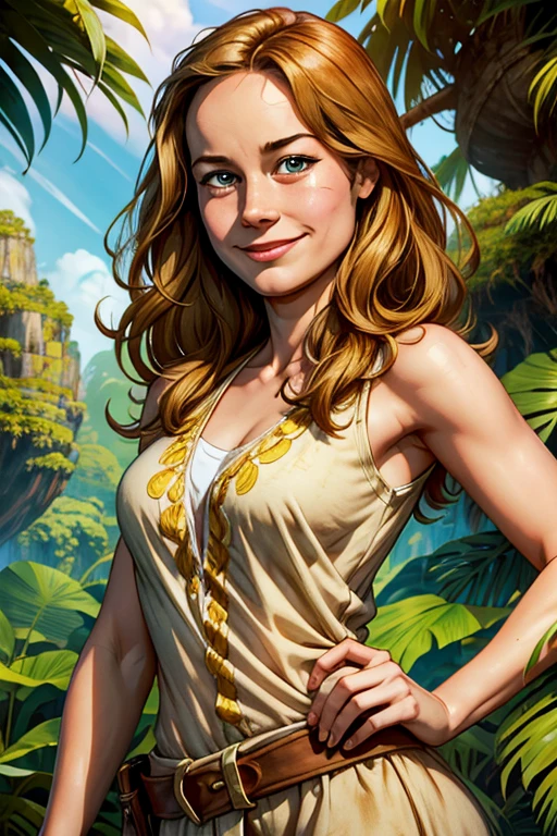 Smiling cheerful Brie Larson's Mason Weaver from Kong: Skull Island with very long down loose hair down to her hips and blue eyes in the sunny tropical jungle 