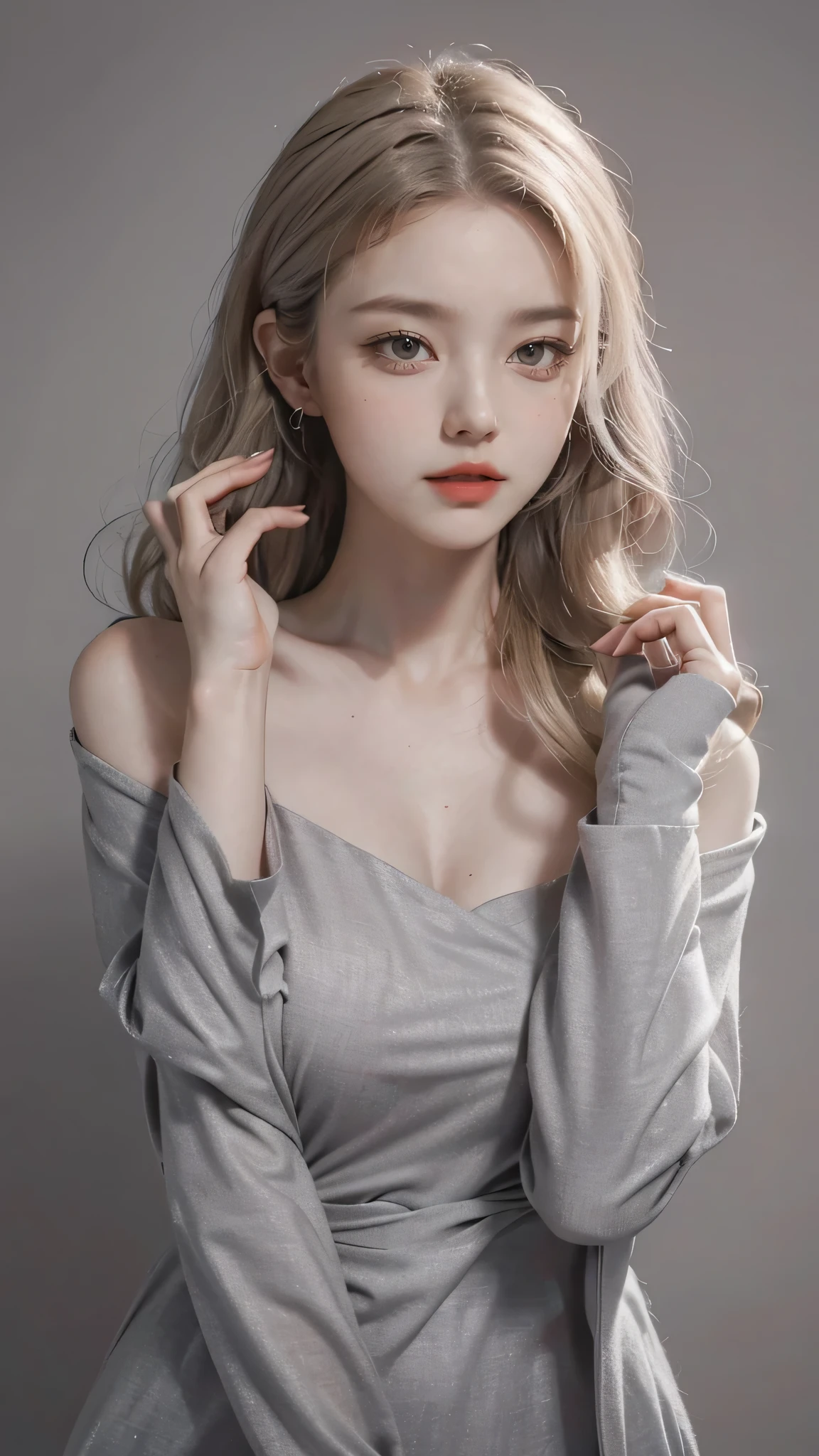 Girl wearing, luxury lavender coat, collar design, button closed, shoulder length hair, wavy hair, glowing skin, star in eye, red lips, grey background, cute poses , upper body, light blonde hair.