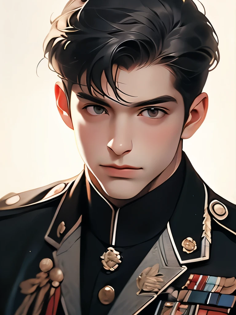 A German soldier with white and fair skin, a long nose, black hair, no beard, a sharp jaw, and eyebrows far from the eyes. Young and beautiful