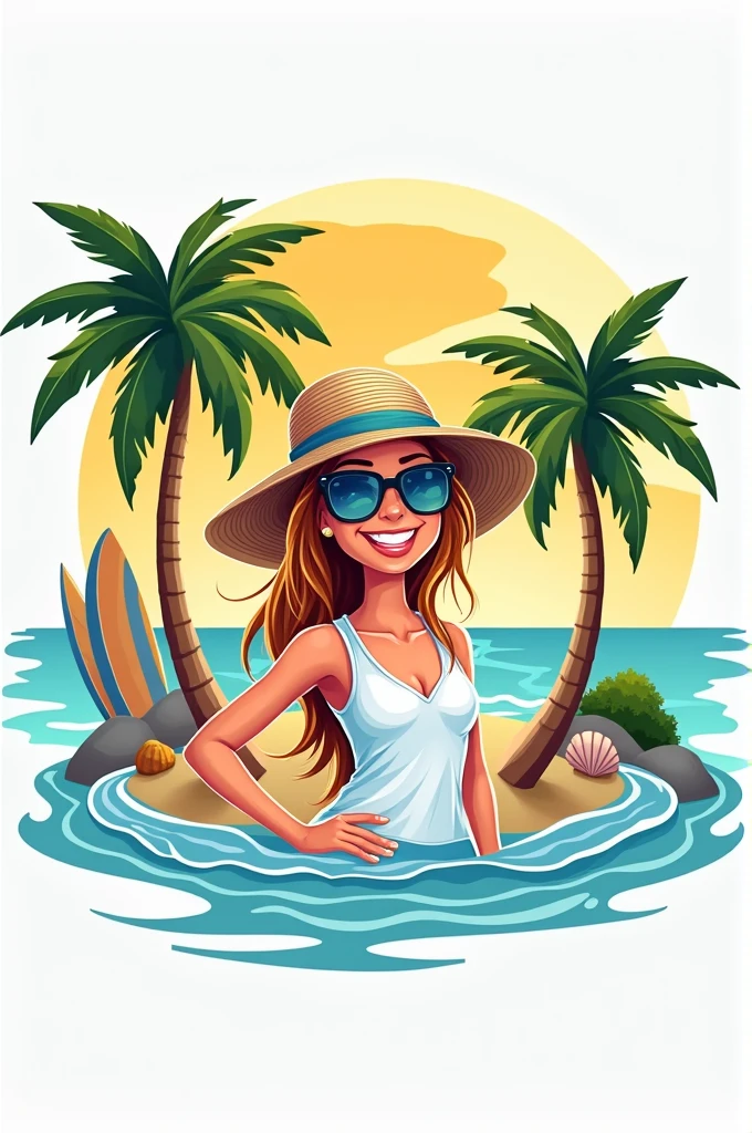 cartoon woman in bikini and hat on the beach with palm trees, na praia, em uma praia tropical, mulher na praia, stylized digital illustration, garota, dia ensolarado na praia, em uma praia ensolarada, Clipart, meninabelo vermelho, is wearing a swimsuit, menina de cavermelhos, wearing sunglasses and a hat, mulher ruiva