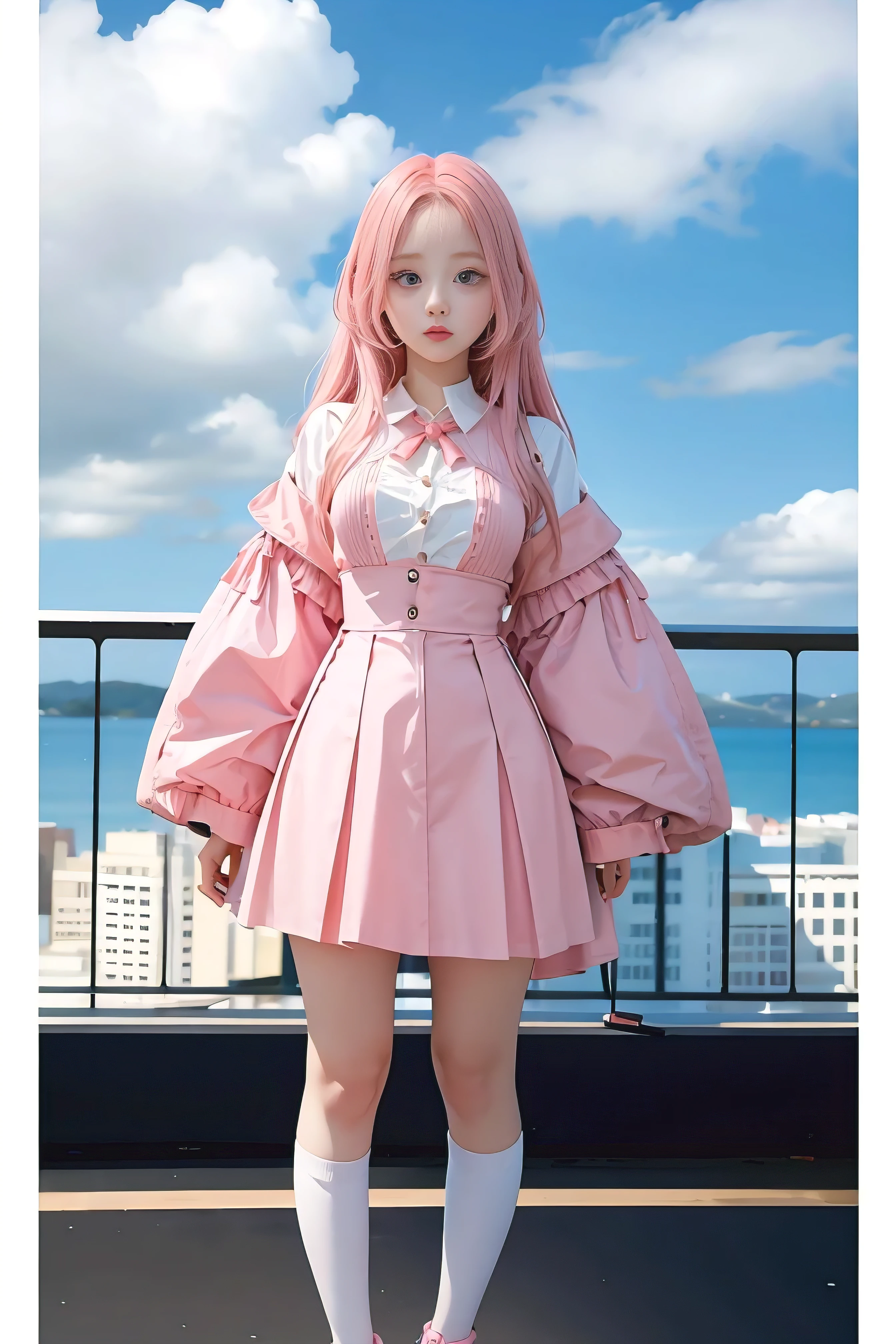 tall person,Big eyes,Full body,standing,little,pink hair