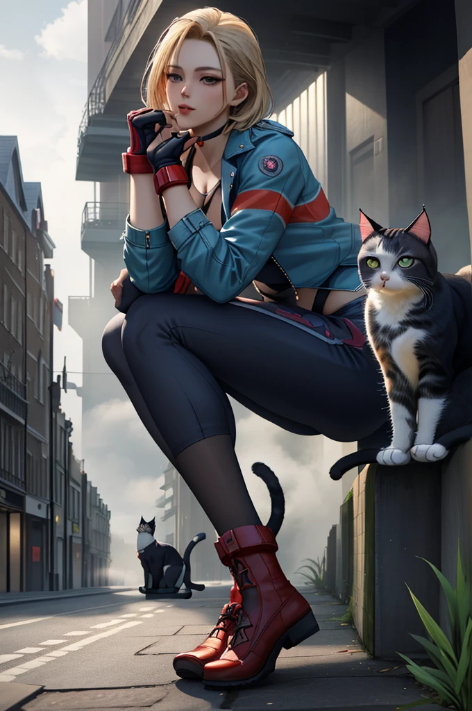 Best Quality, 8k, High resolution, masterpiece:1.5, (ultra detailed), absurdres, ((ultra high res)), cammy white, Beautiful Finger, Beautiful long legs, Beautiful body, Beautiful Nose, Beautiful character, perfect face, a woman with a blue jacket and red gloves, official art, unreal engine, Sexual, town, London, fog, early morning, squat, dynamic angle, photo realistic, official art, unreal engine, town, London, fog, early morning, dynamic angle, face focus, a cat, (((The cat is at his feet))), The cat is watching her, She is looking at the cat, Petting a cat with your right hand, photo realistic, extremely detailed CG, vibrant colors,