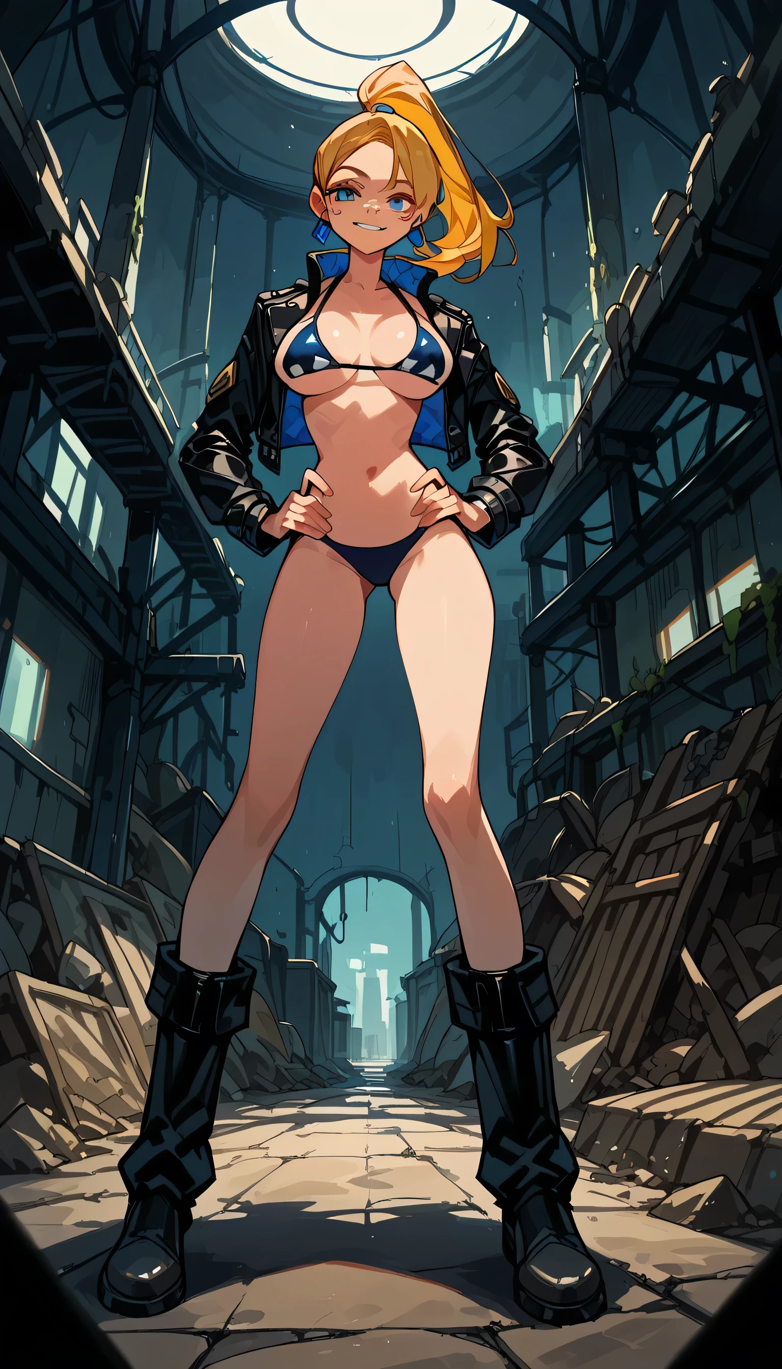 Masterpiece, best quality, Masterpiece, best quality, 1 woman , blue eyes , yellow ponytail , black leather jacket , sly face , smile , bikini , abdomen, big breasts , Long legs , boots , hands on hips , abandoned factory , at night