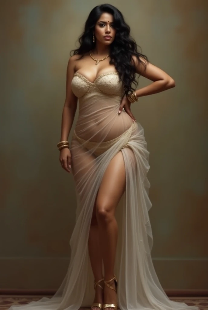Tall ravishing Pakistani woman with long dark curly hair in flimsy off shoulder toga, chunky ornamental band around upper arm, prominent collarbone, long shapely legs, barefoot, full shot, plump red lips, sensual bow shaped mouth