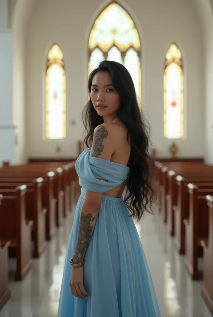 ((best quality)), ((masterpiece)), (detailed), perfect face 30 years old brown skin Indonesian woman with straight long black hair wear a sunglasses was naked and covered her nipples by love stickers in front of church with squatting raised her hand exposed her armpits