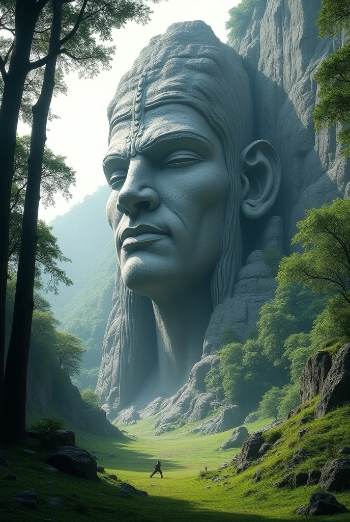 Many stone statues stand in the grass, Ruins of a giant head, Ancient alien tombstone statue, Stone face, weird art piece, stone art, Weird art on the wall, Made of old stone, Sculpture made of stacked stone, funny sculpture, Ruins of giant statues, monster statues, stone statue, Creepy carved expressions