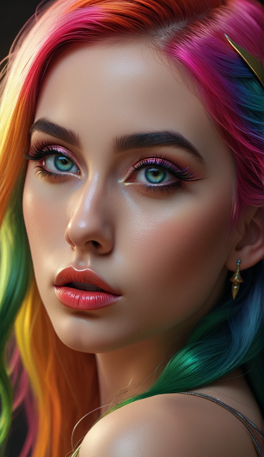 Young sexy elf ,  multicolor hair ,   tall full of pouting  ,  thick lips , seductive,   beautiful detailed eyes  ,   beautiful detailed lips  ,   extremely detailed eyes and face, Long eyelashes, hyperrealistic,   Photorealistic  , 8k,   ultra-detailed, masterpiece,   High quality  ,   intricate details,   cinematic lighting  ,   vivid colors  ,   glamorous  , sensual, alluring, fascinating, Pointed long ears, 