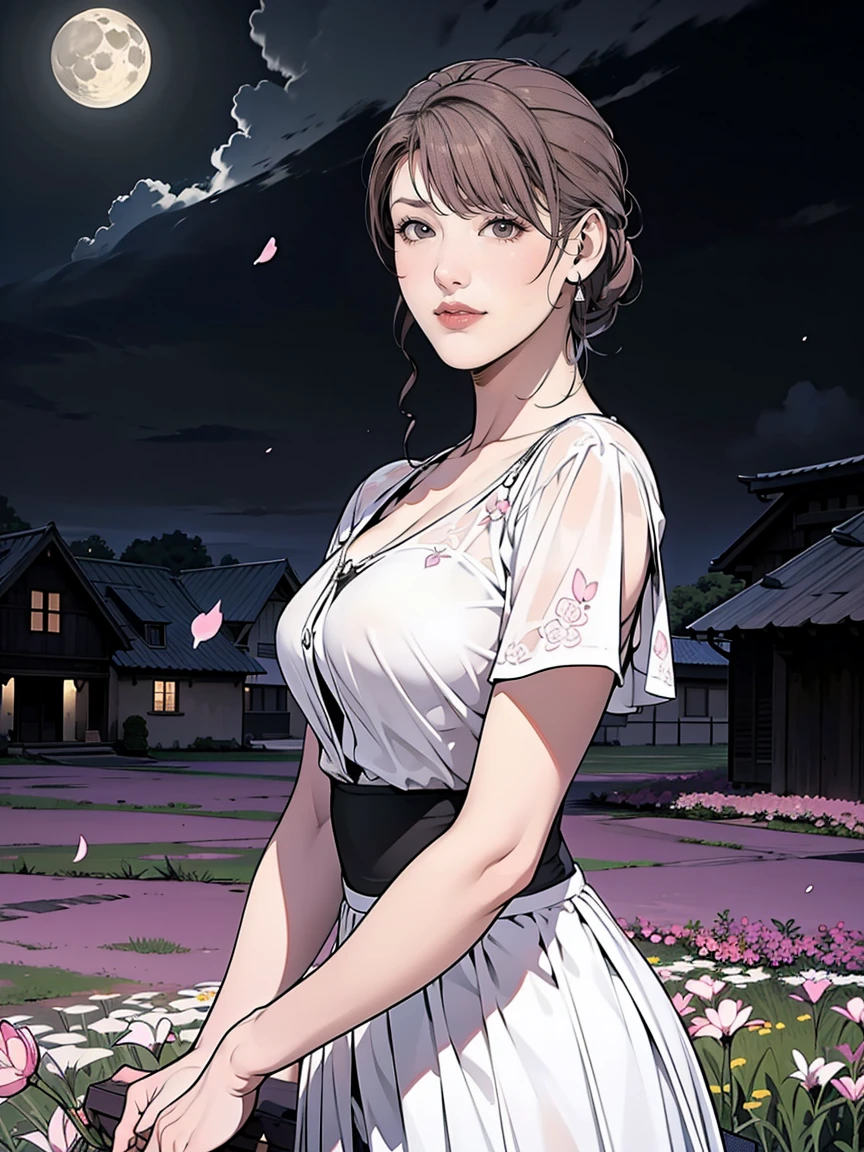 masterpiece, best quality,, 1girl, (colorful),(finely detailed beautiful eyes and detailed face),cinematic lighting,bust shot,extremely detailed CG unity 8k wallpaper,white hair,solo,smile,intricate skirt,((flying petal)),(Flowery meadow), sky, cloudy_sky, building, moonlight, moon, night, (dark theme:1.3), light, fantasy,