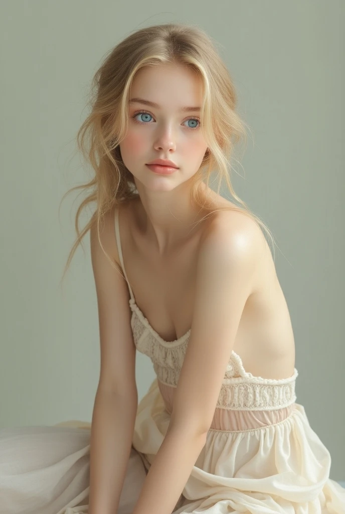 a blonde girl,blue eyes,without clothes,sitting