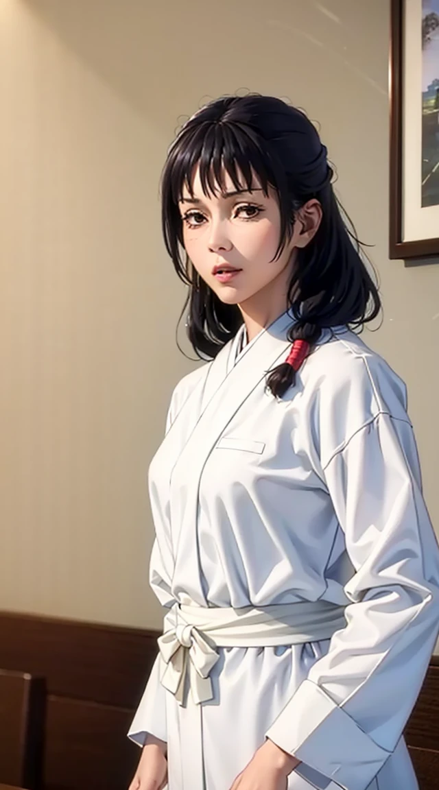 hyuuga hanabi, long hair tied low, hair band, hana purple eyes, beautiful, beautiful woman, perfect body, perfect breasts, wearing white pajamas, pajamas, sleepwear, in the kitchen, clear kitchen, looking at the audience, a slight smile, realism, masterpiece , textured leather, super detail, high detail, high quality, best quality, 1080p, 16k