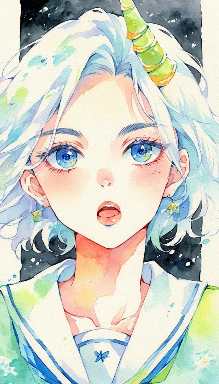 score_9, score_8_up, score_7_up, score_6_up, score_5_up, score_4_up, 1 girl, Alone, watercolor(medium), white hair, horn, Open mouth slightly, Sailor Suit, Floating in the air,big  breasts, Delicate blue eyes like the sea, 俯视视horn,  black background.