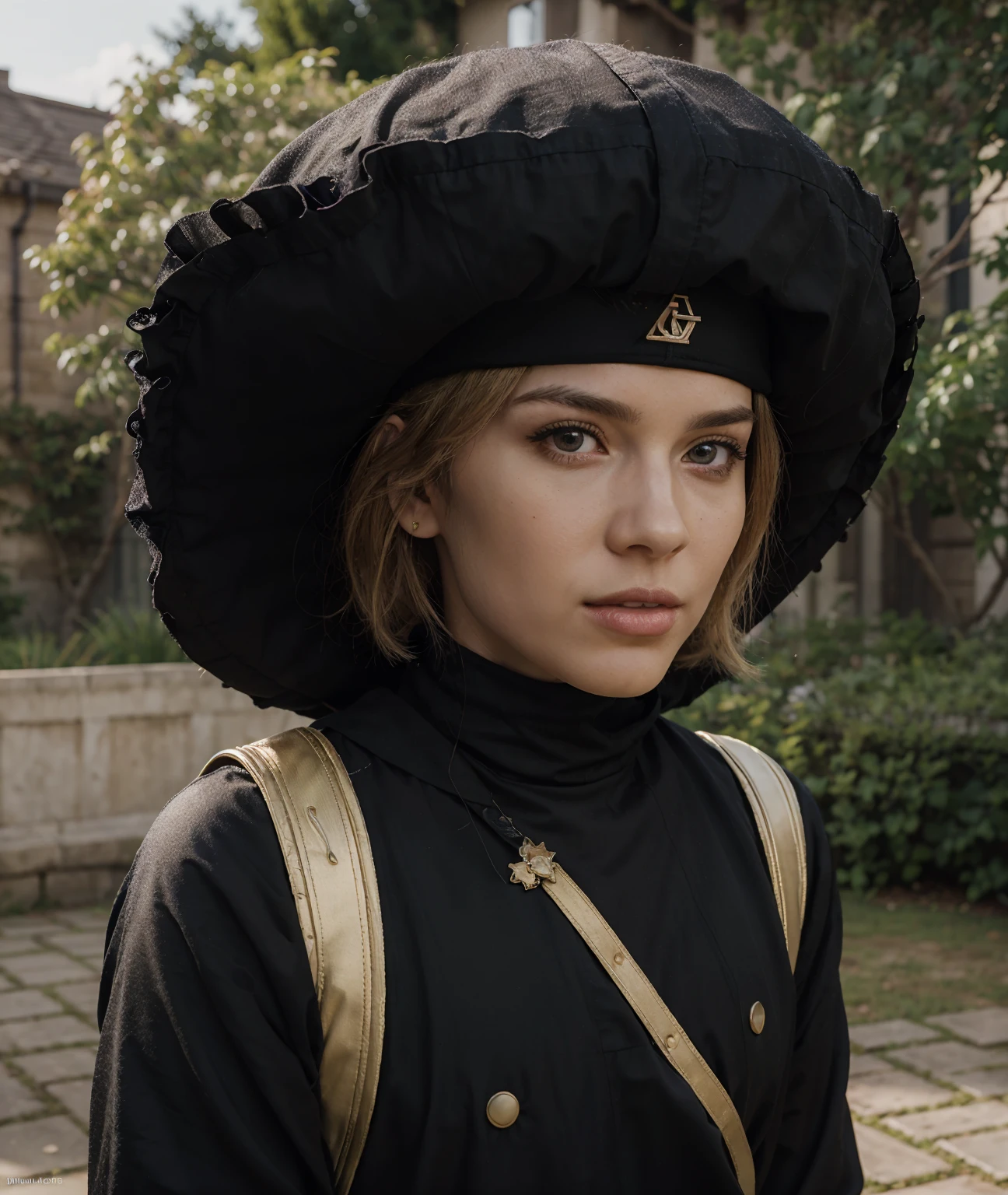 (absurdres, highres, ultra detailed), (cinematic), (UHD), solo, 1man, mature, happy, upper body, blonde short hair, fantasy, spring, garden, closed mouth, (cinematic, best quality, UHD), ((official art)), ((pop art))profile, simple hut, detailed face, (extremely detailed eyes), naruto uzumaki, ((nobility)), (((prince black attire))), emperor, duke, (((((solo)))))