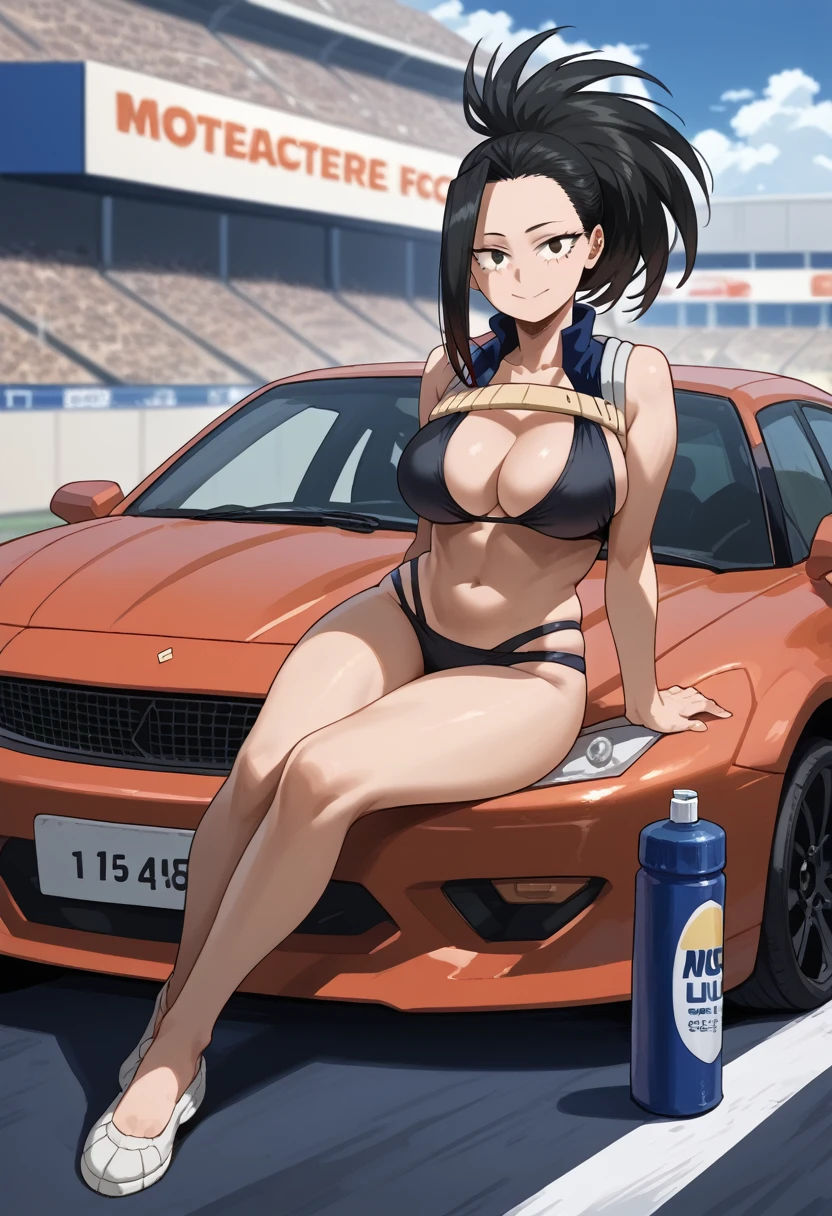 1girl, yaoyorozumomo, My Hero Academia, ((masterpiece)), (best quality), (highres),16K, black eyes, black hair, ponytail, long hair, hair pulled back, wearing black bikini, busty body, large breasts and a beautiful ass, showcasing cleavage, legs, hips, looking at viewer, smile, detailed full body, sports car background