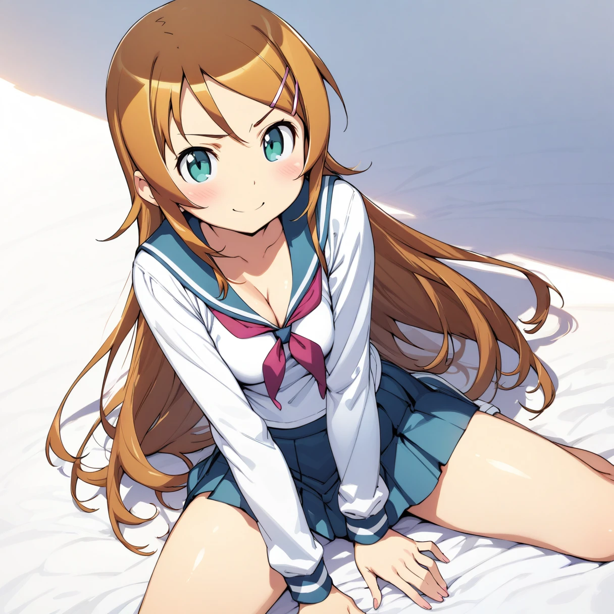  (masterpiece), (Best Quality),  High Resolution , ( very detailed), ( BEST ILLUSTRATION), (Best Shadow), (Beautiful girl), (Absurd), (White background), (White Room), (White carpet), 

 (Kirino Takasaka), (kirino kousaka), 
Blonde, Long Hair, Hair Clip, Green Eyes, bangs, Shyness, smile, 

(Highly detailed face),  
(One person、solo:1.7), Big Eyes,Slender, Beautiful Skin, 

High school girl,Sailor suit,Short skirt,
Full Shot, panoramic, Striped underwear, 

Cleavage, tits, Butt, 
Spread your legs a little, 